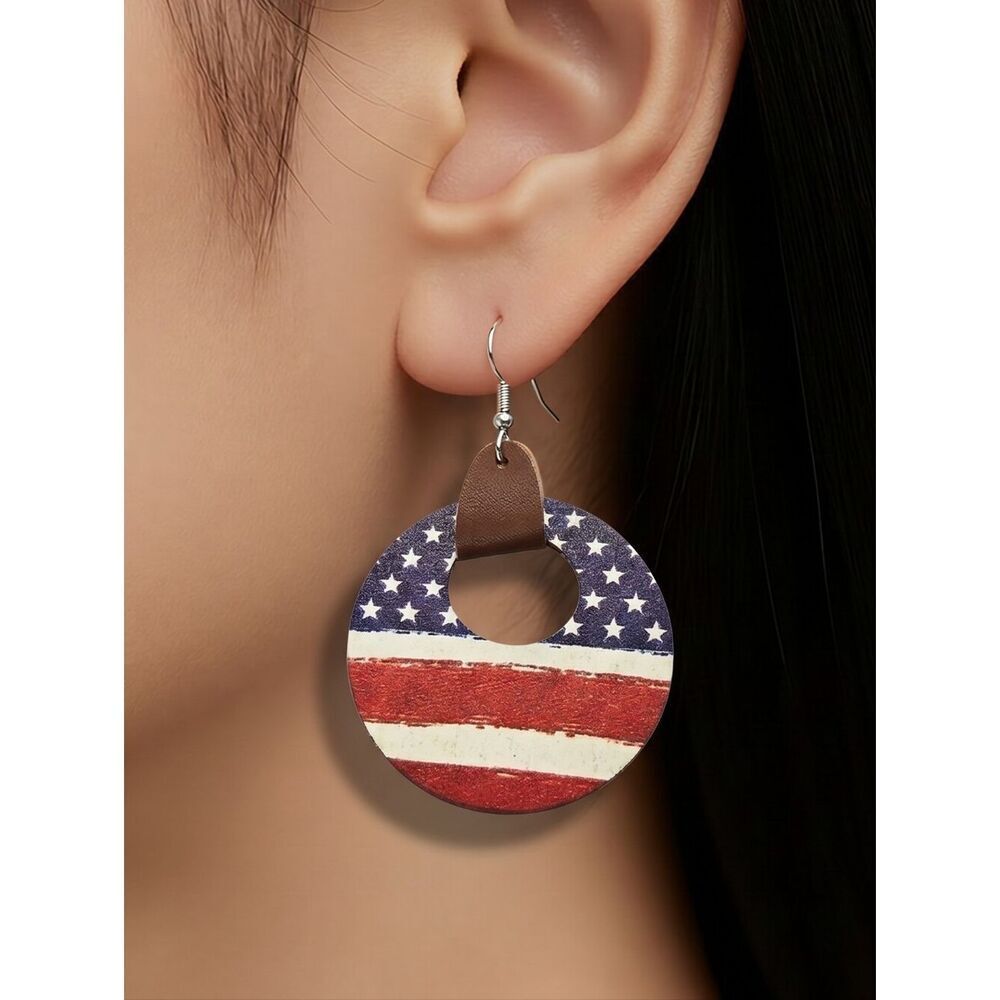 Patriotic American Flag Earrings Women Round Wooden Dangle Hook Jewelry Pierced